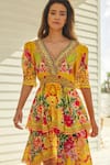 Shop_Zariaah_Yellow Viscose Silk Printed Summer Garden Deep V Multi-layered Dress  _Online_at_Aza_Fashions