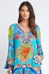 Zariaah_Blue Viscose Silk Printed Ocean Deep V Neck High-low Dress  _Online_at_Aza_Fashions