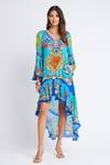 Shop_Zariaah_Blue Viscose Silk Printed Ocean Deep V Neck High-low Dress  _Online_at_Aza_Fashions