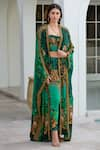 Buy_Zariaah_Green Viscose Silk Printed Wild Leopard Open Long Cape  _at_Aza_Fashions