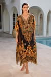 Zariaah_Black Viscose, Silk Crystals, Embroidery V-neck Enchanted Print Kaftan _Online_at_Aza_Fashions