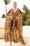 Buy_Zariaah_Black Chiffon Printed Enchanted Deep V Neck Long Kaftan  _at_Aza_Fashions