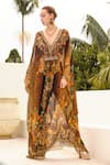 Zariaah_Black Chiffon Printed Enchanted Deep V Neck Long Kaftan  _Online_at_Aza_Fashions