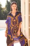 Zariaah_Blue Viscose, Silk Crystals, Embroidery Collared Empress Print Kaftan _Online_at_Aza_Fashions