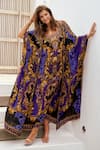 Zariaah_Blue Viscose, Silk Embroidery Round Neck Empress Long Kaftan _at_Aza_Fashions