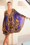 Zariaah_Blue Viscose Silk Crystal Embellished V Empress Short Kaftan Dress  _Online_at_Aza_Fashions