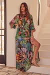 Buy_Zariaah_Multi Color Chiffon Crystal Tropical Print Long Pleated Jacket  _at_Aza_Fashions