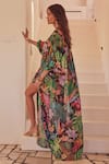 Zariaah_Multi Color Chiffon Crystal Tropical Print Long Pleated Jacket  _Online_at_Aza_Fashions