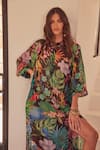 Shop_Zariaah_Multi Color Chiffon Crystal Tropical Print Long Pleated Jacket  _Online_at_Aza_Fashions