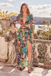 Buy_Zariaah_Multi Color Viscose Silk Crystal Embellished Tropical Print Maxi Dress  _at_Aza_Fashions