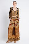 Buy_Zariaah_Gold Viscose Silk Crystal Embellished Cleopatra Printed Bomber Jacket  _at_Aza_Fashions