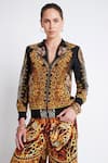 Buy_Zariaah_Gold Viscose Silk Crystal Embellished Cleopatra Printed Bomber Jacket  _Online_at_Aza_Fashions