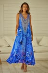 Buy_Zariaah_Blue Viscose Silk Forest Print V Neck Maxi Dress  _at_Aza_Fashions