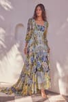 Buy_Zariaah_Blue Chiffon Bloom Garden Print Square Neck Maxi Dress  _at_Aza_Fashions