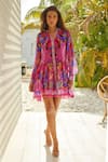 Buy_Zariaah_Pink Viscose Silk Florence Paint Art Print Collar Tiered Shirt Dress  _at_Aza_Fashions