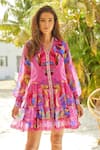 Zariaah_Pink Viscose Silk Florence Paint Art Print Collar Tiered Shirt Dress  _Online_at_Aza_Fashions