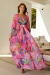 Buy_Zariaah_Pink Chiffon V-neck Bloom Glitch Print Embellished Kaftan _at_Aza_Fashions