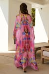 Shop_Zariaah_Pink Chiffon V-neck Bloom Glitch Print Embellished Kaftan _at_Aza_Fashions