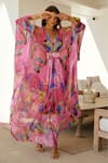Zariaah_Pink Chiffon V-neck Bloom Glitch Print Embellished Kaftan _Online_at_Aza_Fashions