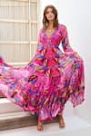 Shop_Zariaah_Pink Chiffon Galactic Floral Print V Neck Maxi Dress  _Online_at_Aza_Fashions