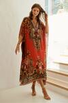 Buy_Zariaah_Red Viscose Silk Damask Bloom Print V Neck Embellished Kaftan  _at_Aza_Fashions