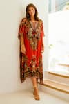 Zariaah_Red Viscose Silk Damask Bloom Print V Neck Embellished Kaftan  _Online_at_Aza_Fashions