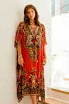 Buy_Zariaah_Red Viscose Silk Damask Bloom Print V Neck Embellished Kaftan  _Online_at_Aza_Fashions