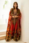 Buy_Zariaah_Red Viscose Silk Majestic Leopard Print Open Embellished Longline Cape  _at_Aza_Fashions