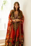 Zariaah_Red Viscose Silk Majestic Leopard Print Open Embellished Longline Cape  _Online_at_Aza_Fashions