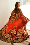 Shop_Zariaah_Red Viscose Silk Majestic Leopard Print Open Embellished Longline Cape  _at_Aza_Fashions