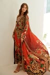 Buy_Zariaah_Red Viscose Silk Majestic Leopard Print Open Embellished Longline Cape _Online_at_Aza_Fashions