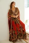 Zariaah_Red Viscose Silk Majestic Leopard Print Open Embellished Longline Cape _at_Aza_Fashions