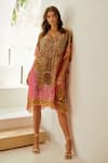 Buy_Zariaah_Pink Viscose Silk Leopard Blossom Royal Embellished Short Kaftan  _at_Aza_Fashions