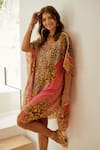 Zariaah_Pink Viscose Silk Leopard Blossom Royal Embellished Short Kaftan  _Online_at_Aza_Fashions