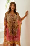 Buy_Zariaah_Pink Viscose Silk Leopard Blossom Royal Embellished Short Kaftan  _Online_at_Aza_Fashions