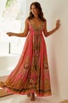 Buy_Zariaah_Pink Viscose Silk Cheetah Flora Print V Neck Maxi Dress  _at_Aza_Fashions