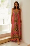 Zariaah_Pink Viscose Silk Cheetah Flora Print V Neck Maxi Dress  _Online_at_Aza_Fashions