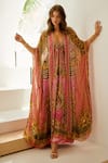 Buy_Zariaah_Pink Viscose Silk Majestic Leopard Skin Embellished Longline Cape  _at_Aza_Fashions