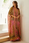 Zariaah_Pink Viscose Silk Majestic Leopard Skin Embellished Longline Cape  _at_Aza_Fashions