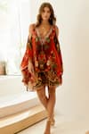 Buy_Zariaah_Red Viscose Silk Rosette Bloom Print Cold Shoulder Kaftan  _at_Aza_Fashions