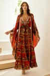 Zariaah_Red Viscose Silk Rosette Bloom Print Cold Shoulder Kaftan  _Online_at_Aza_Fashions