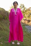 Buy_Archana Shah_Pink Silk Embroidery Round Neck Scarlet Thread Kaftan _at_Aza_Fashions