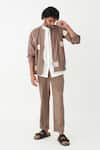 Buy_THREE_Brown Poplin Embroidered Square Wave Bomber Jacket Pant Set  _at_Aza_Fashions