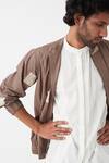 Shop_THREE_Brown Poplin Embroidered Square Wave Bomber Jacket Pant Set  _Online_at_Aza_Fashions