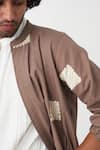 THREE_Brown Poplin Embroidered Square Wave Bomber Jacket Pant Set  _at_Aza_Fashions