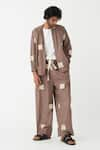 Buy_THREE_Brown Poplin Embroidered Square Wave Bomber Jacket And Pant Set  _at_Aza_Fashions