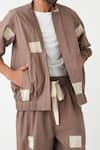 THREE_Brown Poplin Embroidered Square Wave Bomber Jacket And Pant Set  _Online_at_Aza_Fashions