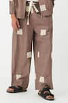 THREE_Brown Poplin Embroidered Square Wave Pant  _Online_at_Aza_Fashions