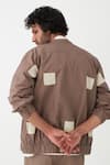 Shop_THREE_Brown Poplin Embroidered Square Wave Bomber Jacket  _at_Aza_Fashions