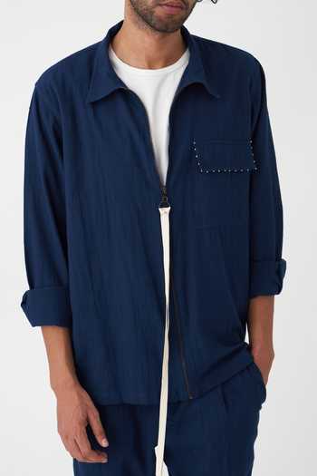 Buy_Three_Blue Handloom Cotton Solid Shacket And Pant Set _Online_at_Aza_Fashions